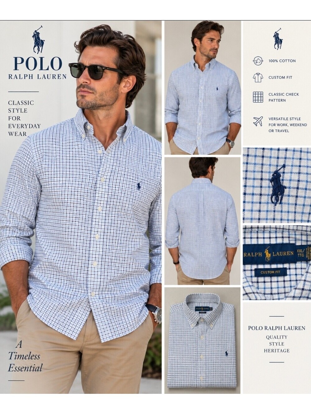 Polo Ralph Lauren Men’s XXL Custom Fit Blue White Check Button Down Shirt Pony